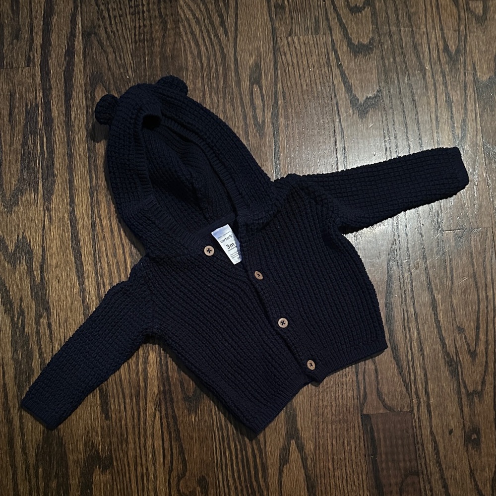 Navy Blue Knit Baby Cardigan with Bear Ears